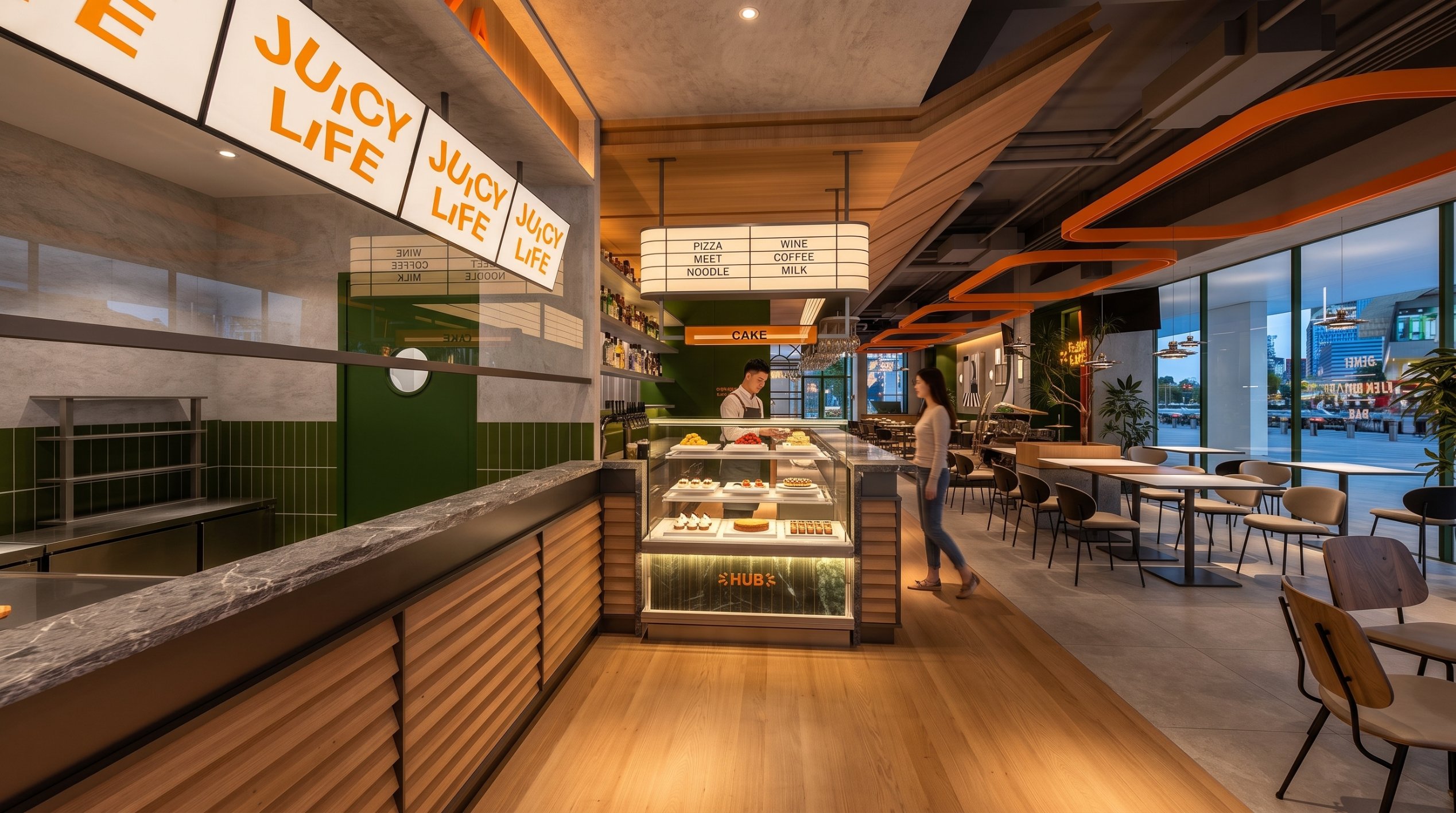 HUB餐厅 轻食市集区 JUICY LIFE灯牌 开放式厨房