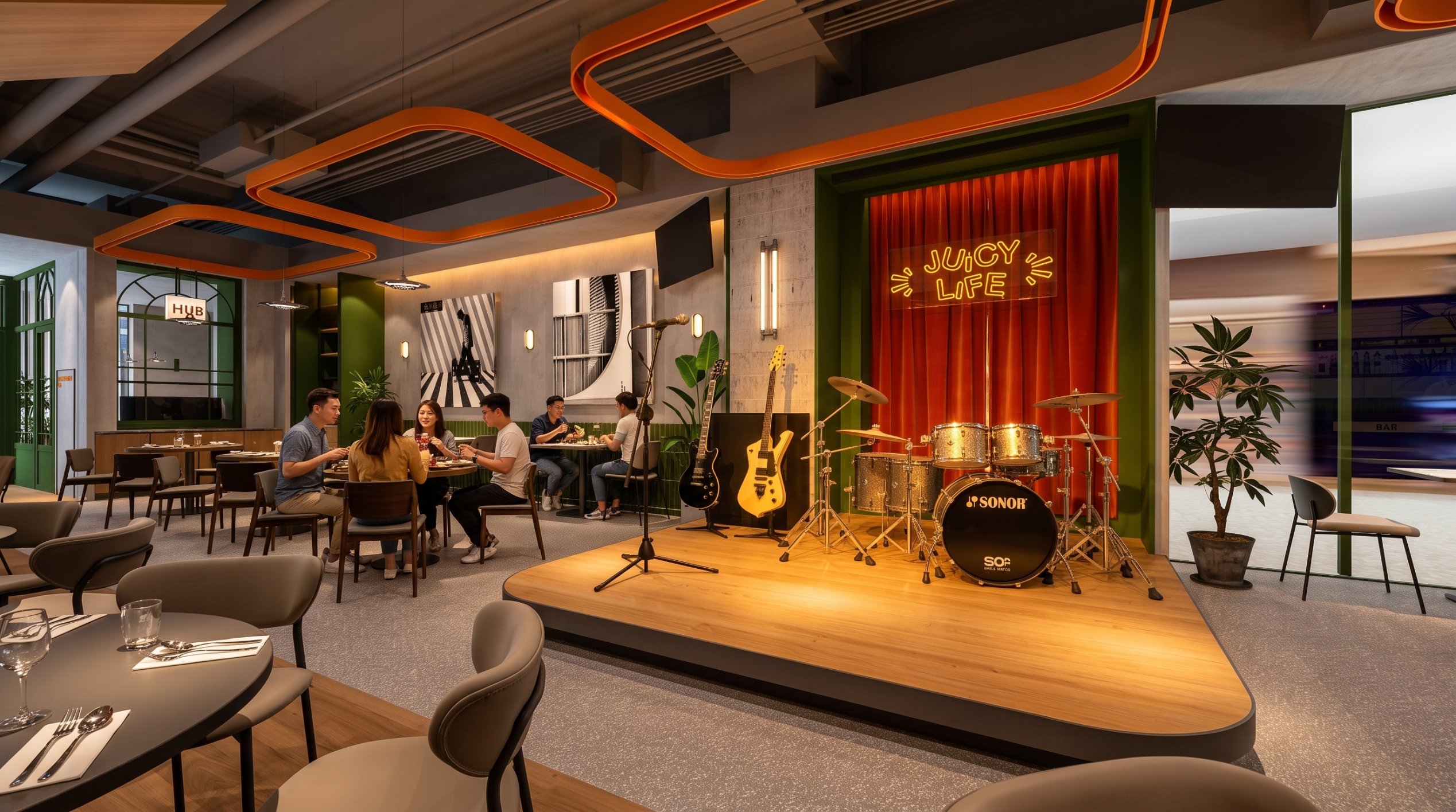 HUB餐厅 酒吧区 红色幕布 JUCY LIFE舞台