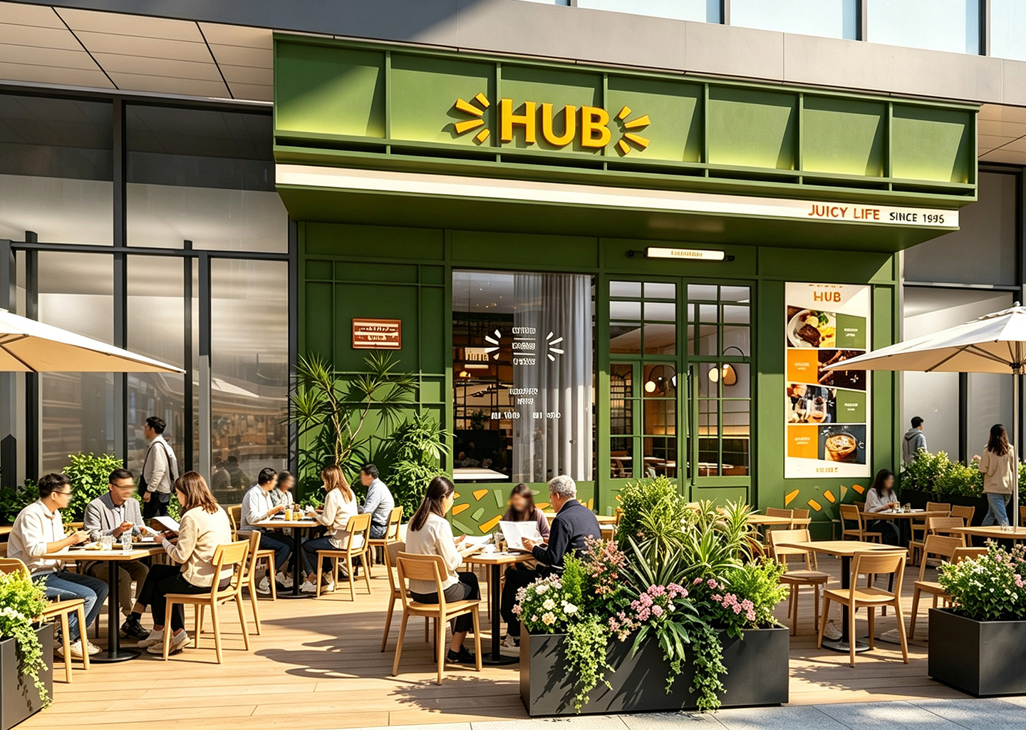 HUB餐厅大悦城店 绿色外立面 户外露台